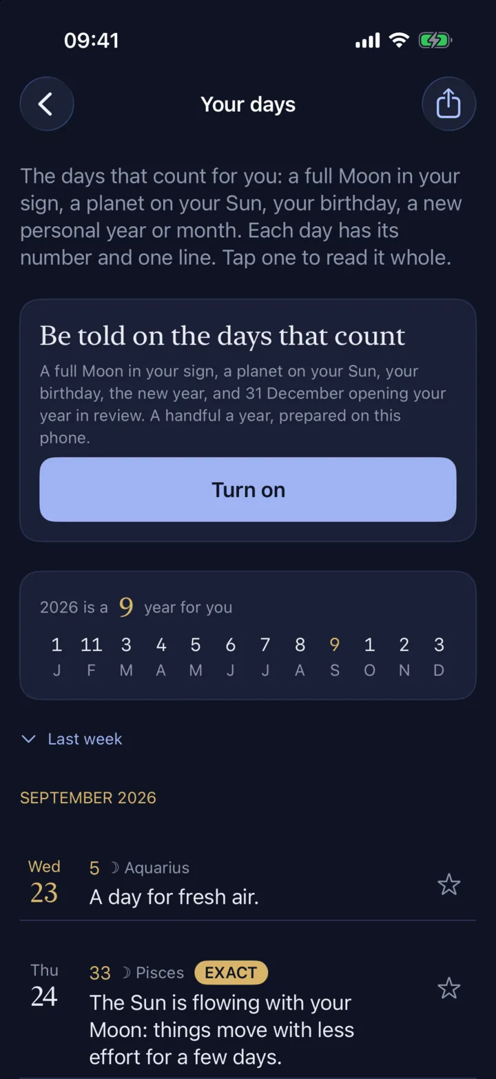 Trilume app screen: Your days