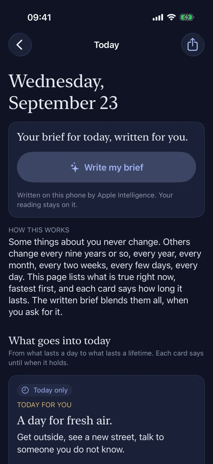 Trilume app screen: Your day